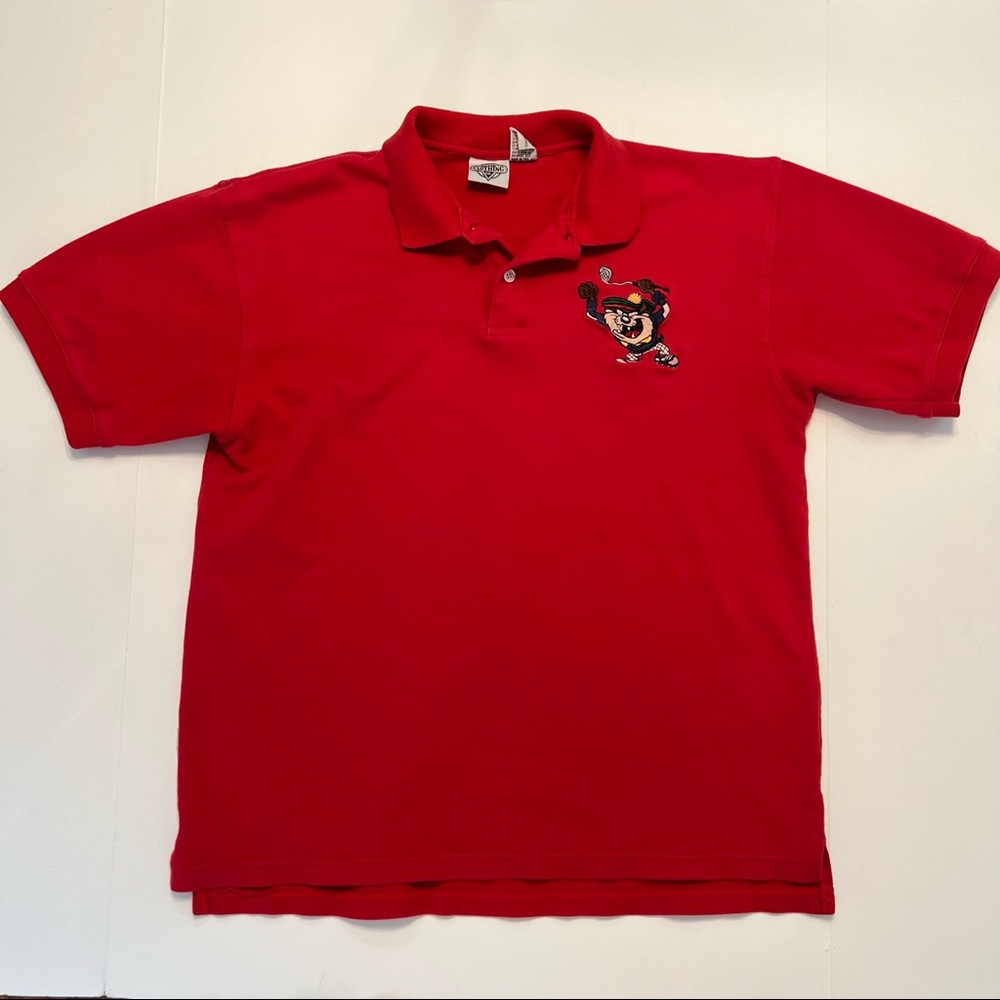 Vtg 90s ACME Clothing Polo Shirt Embroidered Golf TAZ Looney Tunes Maroon Large